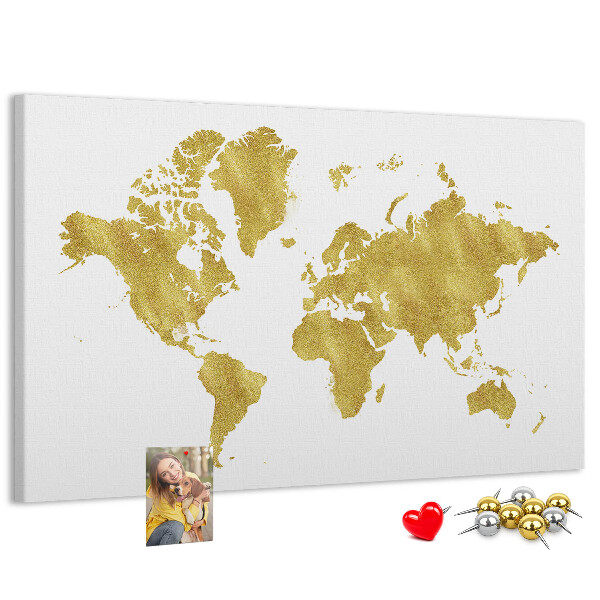 Korková nástenka na stenu Zlatá mapa sveta na bielom pozadí