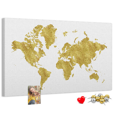 Korková nástenka na stenu Zlatá mapa sveta na bielom pozadí