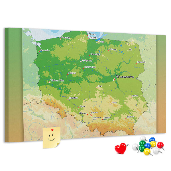 Korková tabuľa Mapa Poľska s vyznačenou Varšavou