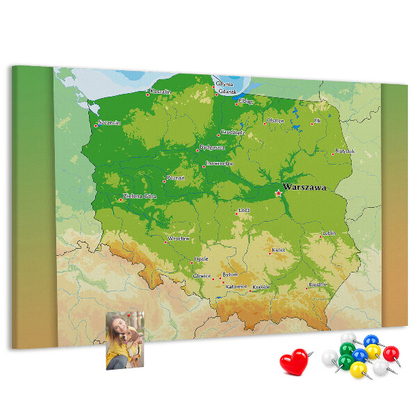 Korková tabuľa Mapa Poľska s vyznačenou Varšavou