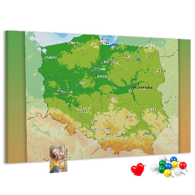 Korková tabuľa Mapa Poľska s vyznačenou Varšavou