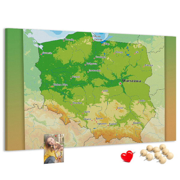 Korková tabuľa Mapa Poľska s vyznačenou Varšavou