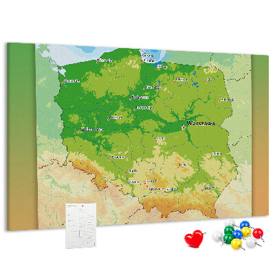 Korková tabuľa Mapa Poľska s vyznačenou Varšavou