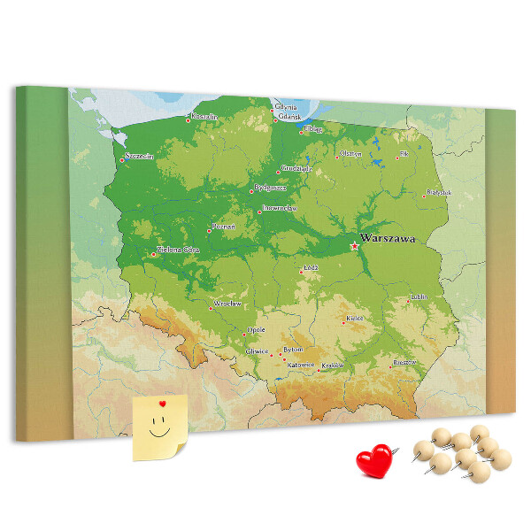 Korková tabuľa Mapa Poľska s vyznačenou Varšavou