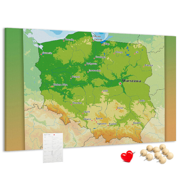 Korková tabuľa Mapa Poľska s vyznačenou Varšavou