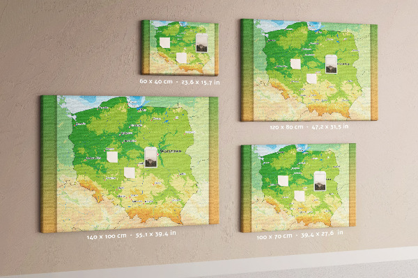 Korková tabuľa Mapa Poľska s vyznačenou Varšavou