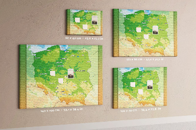 Korková tabuľa Mapa Poľska s vyznačenou Varšavou