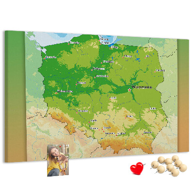 Korková tabuľa Mapa Poľska s vyznačenou Varšavou