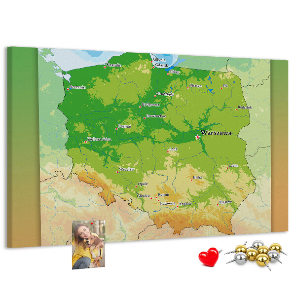 Korková tabuľa Mapa Poľska s vyznačenou Varšavou