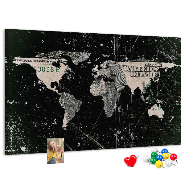 Nástenka Mapa sveta na pozadí dolárovej bankovky