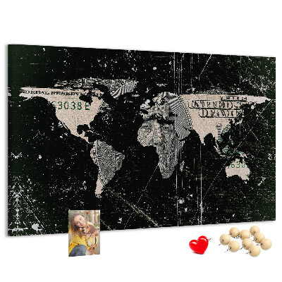 Nástenka Mapa sveta na pozadí dolárovej bankovky