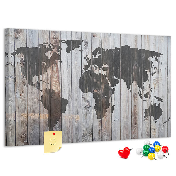 Nástenka Mapa sveta na pozadí drevených dosiek