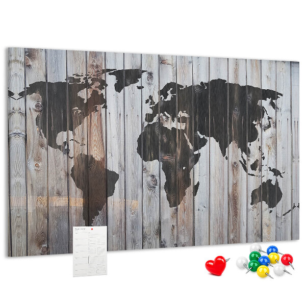 Nástenka Mapa sveta na pozadí drevených dosiek