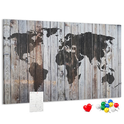 Nástenka Mapa sveta na pozadí drevených dosiek