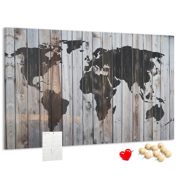 Nástenka Mapa sveta na pozadí drevených dosiek