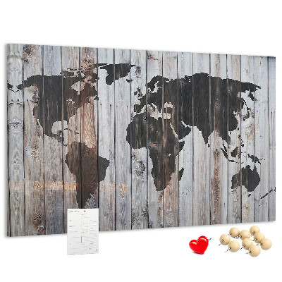 Nástenka Mapa sveta na pozadí drevených dosiek