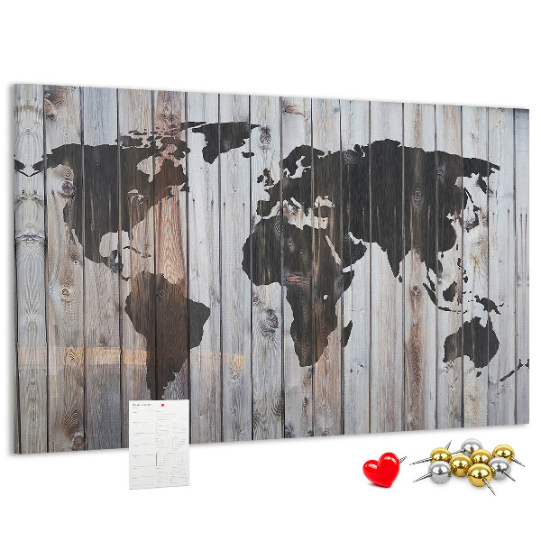 Nástenka Mapa sveta na pozadí drevených dosiek