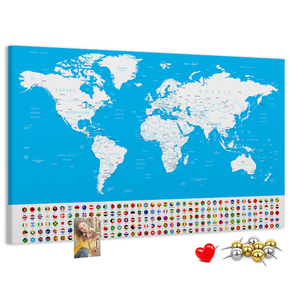 Korková nástenka na stenu Farebná mapa sveta s vlajkami krajín