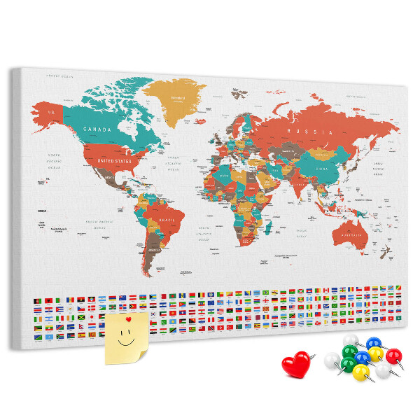 Korková tabuľa Mapa sveta s vlajkami krajín