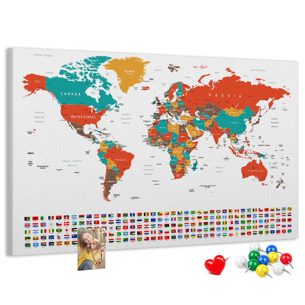 Korková tabuľa Mapa sveta s vlajkami krajín