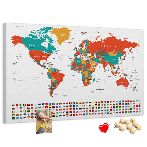 Korková tabuľa Mapa sveta s vlajkami krajín