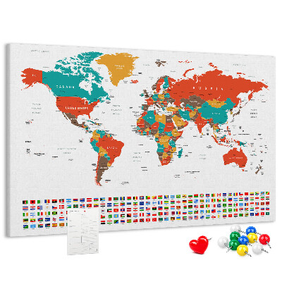 Korková tabuľa Mapa sveta s vlajkami krajín