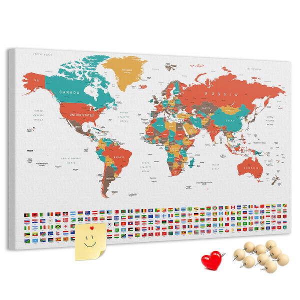 Korková tabuľa Mapa sveta s vlajkami krajín