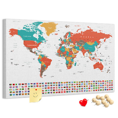 Korková tabuľa Mapa sveta s vlajkami krajín