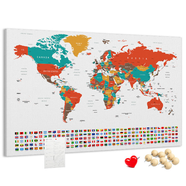 Korková tabuľa Mapa sveta s vlajkami krajín