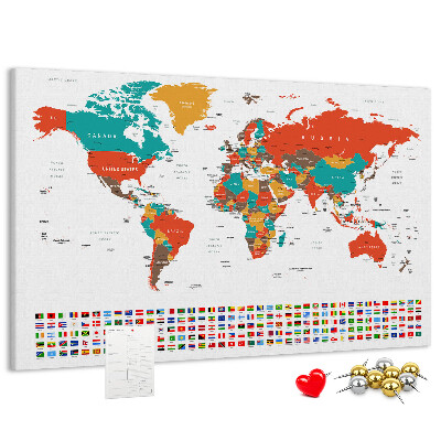 Korková tabuľa Mapa sveta s vlajkami krajín