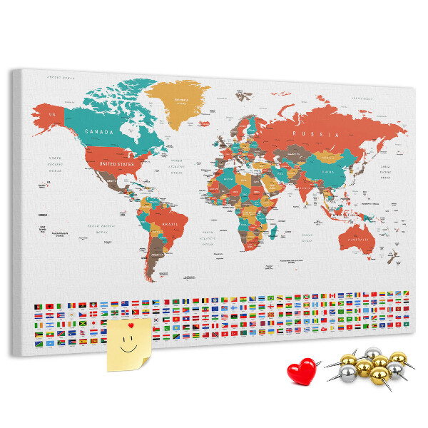 Korková tabuľa Mapa sveta s vlajkami krajín