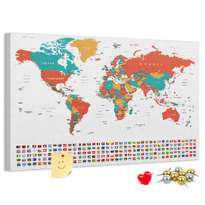 Korková tabuľa Mapa sveta s vlajkami krajín