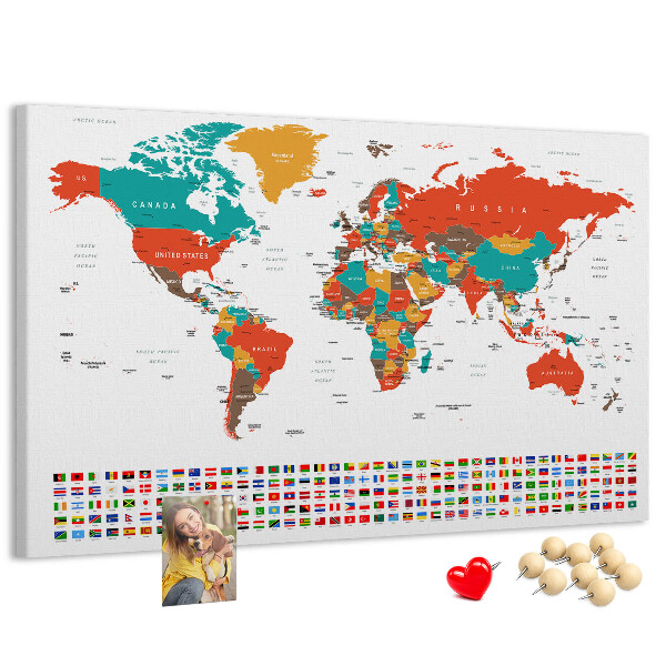 Korková tabuľa Mapa sveta s vlajkami krajín