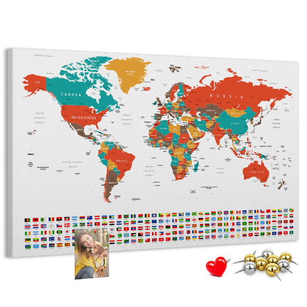 Korková tabuľa Mapa sveta s vlajkami krajín