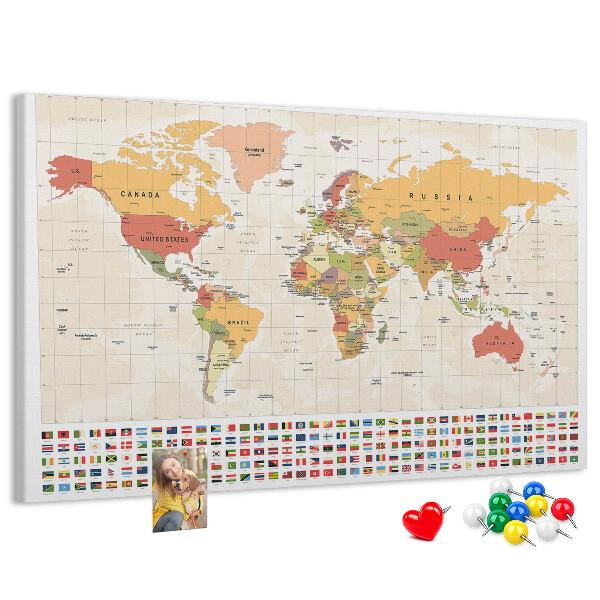 Korková nástenka na stenu Mapa sveta s farebnými vlajkami krajín