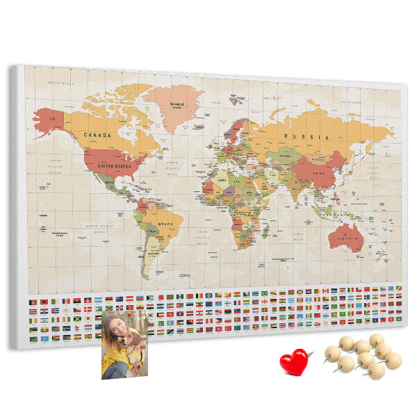 Korková nástenka na stenu Mapa sveta s farebnými vlajkami krajín