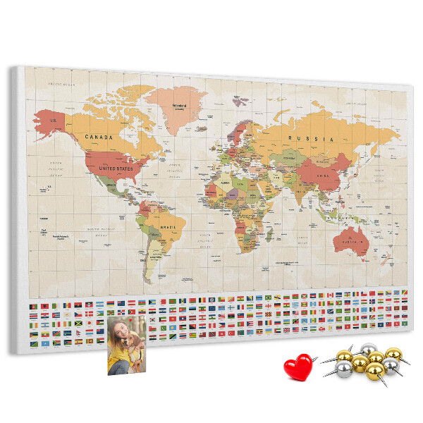 Korková nástenka na stenu Mapa sveta s farebnými vlajkami krajín