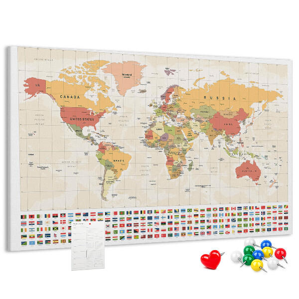 Korková nástenka na stenu Mapa sveta s farebnými vlajkami krajín