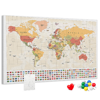 Korková nástenka na stenu Mapa sveta s farebnými vlajkami krajín