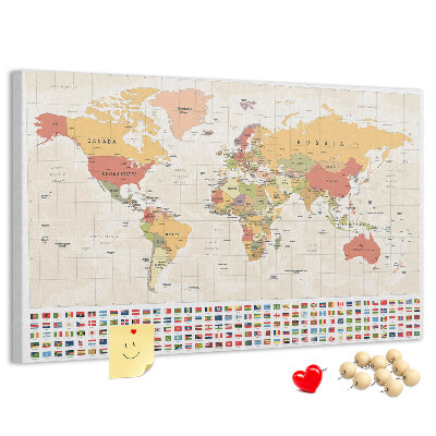 Korková nástenka na stenu Mapa sveta s farebnými vlajkami krajín