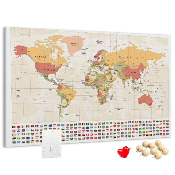 Korková nástenka na stenu Mapa sveta s farebnými vlajkami krajín