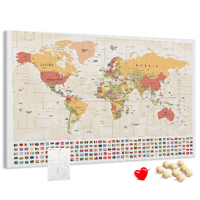 Korková nástenka na stenu Mapa sveta s farebnými vlajkami krajín