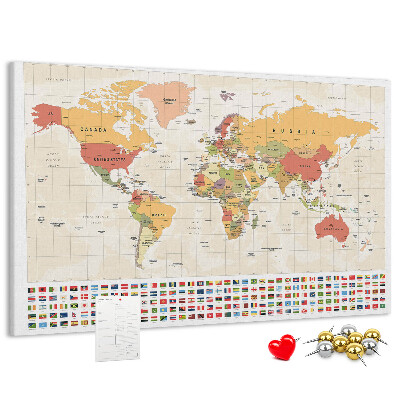 Korková nástenka na stenu Mapa sveta s farebnými vlajkami krajín