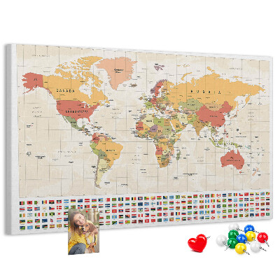 Korková nástenka na stenu Mapa sveta s farebnými vlajkami krajín
