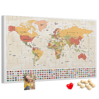 Korková nástenka na stenu Mapa sveta s farebnými vlajkami krajín