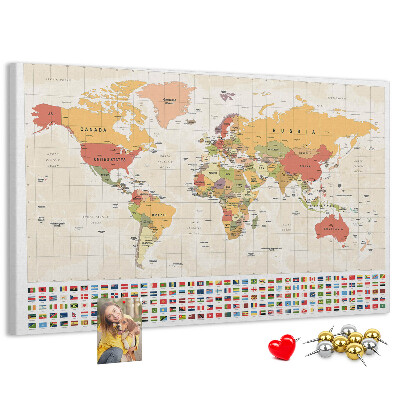 Korková nástenka na stenu Mapa sveta s farebnými vlajkami krajín