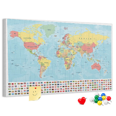 Korková tabuľa Mapa sveta s farebnými vlajkami.