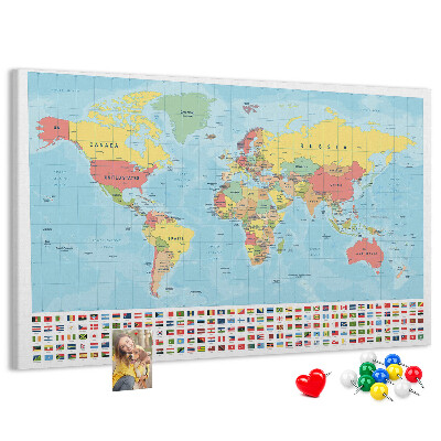 Korková tabuľa Mapa sveta s farebnými vlajkami.