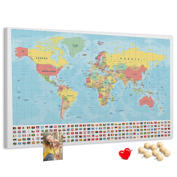 Korková tabuľa Mapa sveta s farebnými vlajkami.