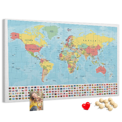 Korková tabuľa Mapa sveta s farebnými vlajkami.